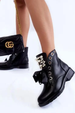 Boto Botki Sznurowane|Czarne Botki*Ocieplane Botki Z Perełkami I Wstążką Czarne Perla