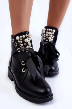 Boto Botki Sznurowane|Czarne Botki*Ocieplane Botki Z Perełkami I Wstążką Czarne Perla