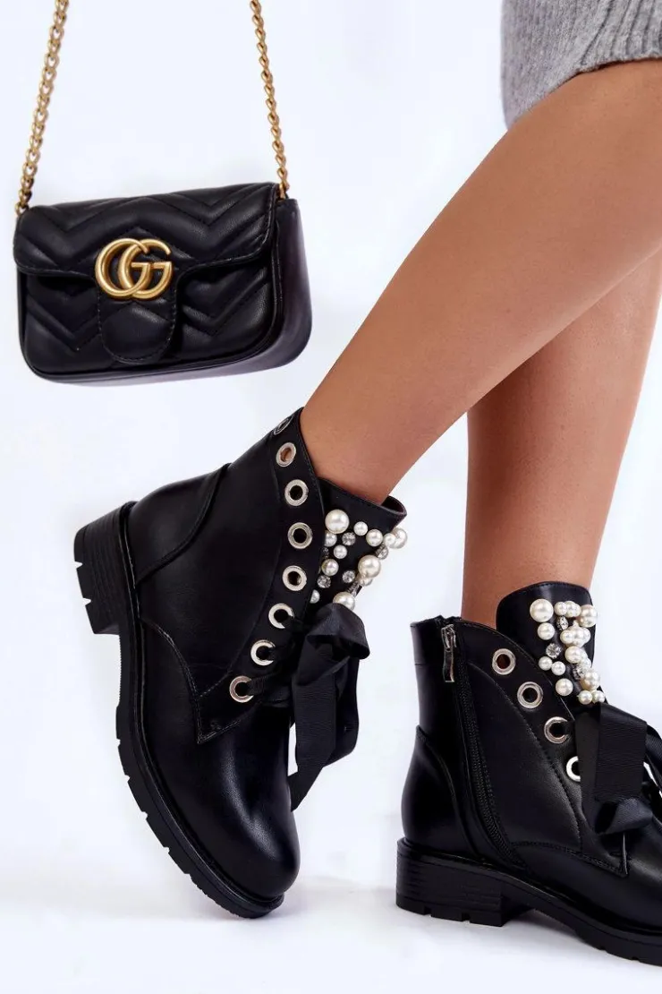 Boto Botki Sznurowane|Czarne Botki*Ocieplane Botki Z Perełkami I Wstążką Czarne Perla