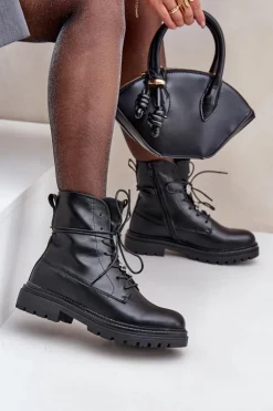 Damskie Evento Ocieplane Botki Z Przypinkami Na Sznurowaniu Czarne Irivina