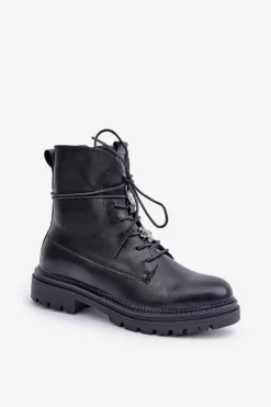 Damskie Evento Ocieplane Botki Z Przypinkami Na Sznurowaniu Czarne Irivina