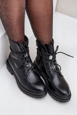 Damskie Evento Ocieplane Botki Z Przypinkami Na Sznurowaniu Czarne Irivina