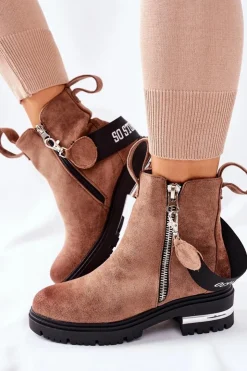 Boto Czarne Botki|Botki Zimowe Damskie*Ocieplane Botki Z Suwakiem Brązowe Cortona