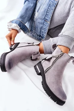 Damskie Boto Ocieplane Botki Z Suwakiem Szare Cortona