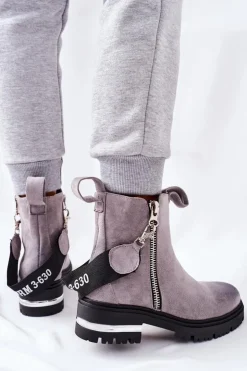 Damskie Boto Ocieplane Botki Z Suwakiem Szare Cortona