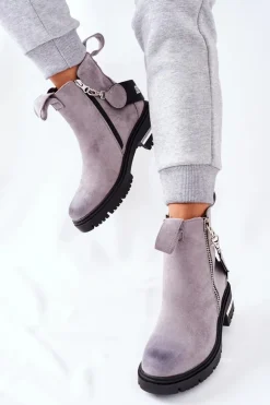 Damskie Boto Ocieplane Botki Z Suwakiem Szare Cortona