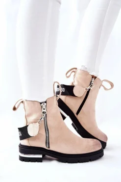 Boto Czarne Botki|Botki Zimowe Damskie*Ocieplane Botki Z Suwakiem Beżowe Cortona