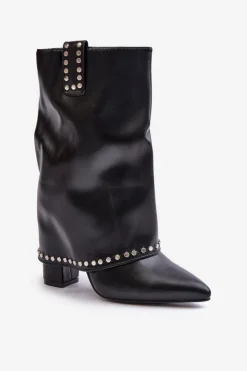 Sale Boto Ocieplane Botki Z Wywiniętą Cholewką Na Słupku Czarne Tamalis