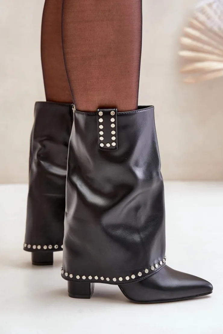 Sale Boto Ocieplane Botki Z Wywiniętą Cholewką Na Słupku Czarne Tamalis