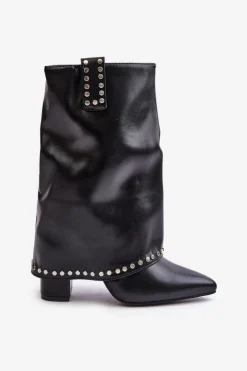 Sale Boto Ocieplane Botki Z Wywiniętą Cholewką Na Słupku Czarne Tamalis