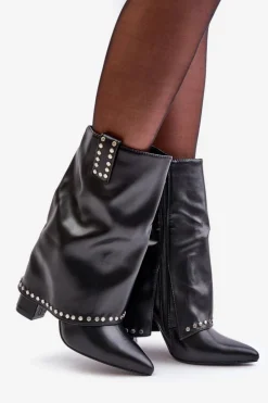 Sale Boto Ocieplane Botki Z Wywiniętą Cholewką Na Słupku Czarne Tamalis