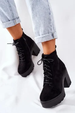 Damskie Boto Ocieplane Botki Zamszowe na Słupku Czarne Direction