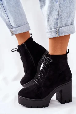 Damskie Boto Ocieplane Botki Zamszowe na Słupku Czarne Direction