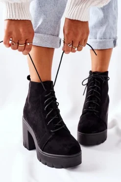 Damskie Boto Ocieplane Botki Zamszowe na Słupku Czarne Direction