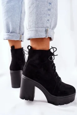 Damskie Boto Ocieplane Botki Zamszowe na Słupku Czarne Direction
