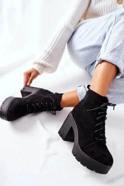 Damskie Boto Ocieplane Botki Zamszowe na Słupku Czarne Direction