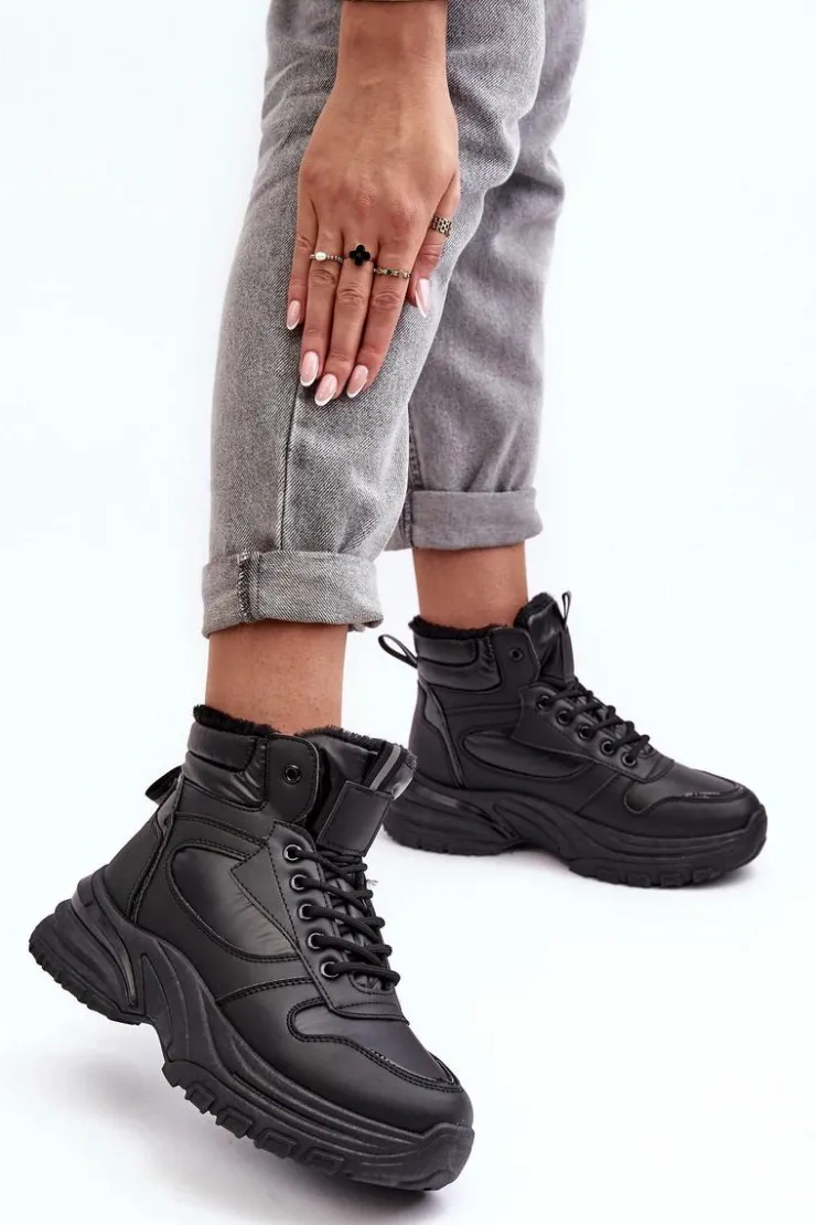 Evento Sneakersy Damskie|Damskie Trapery*Ocieplane Buty Sportowe Damskie Sznurowane Czarne Dejana Czarny