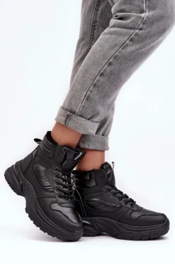 Evento Sneakersy Damskie|Damskie Trapery*Ocieplane Buty Sportowe Damskie Sznurowane Czarne Dejana Czarny