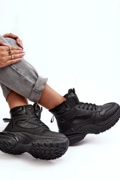 Evento Sneakersy Damskie|Damskie Trapery*Ocieplane Buty Sportowe Damskie Sznurowane Czarne Dejana Czarny