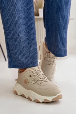 Damskie Boto Ocieplane Buty Sportowe Damskie Sznurowane Na Platformie Beżowe Bialoa