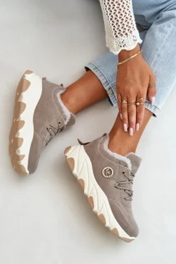 Damskie Boto Ocieplane Buty Sportowe Damskie Sznurowane Na Platformie Szare Bialoa