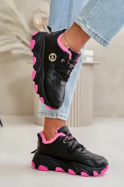 Boto Sneakersy Damskie|Botki Sznurowane*Ocieplane Buty Sportowe Damskie Sznurowane Na Platformie Czarne Bialoa Czarny