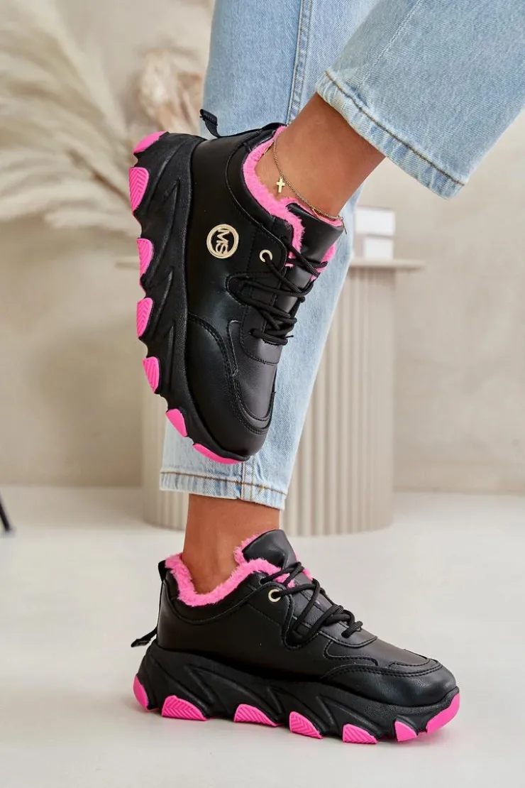 Boto Sneakersy Damskie|Botki Sznurowane*Ocieplane Buty Sportowe Damskie Sznurowane Na Platformie Czarne Bialoa Czarny