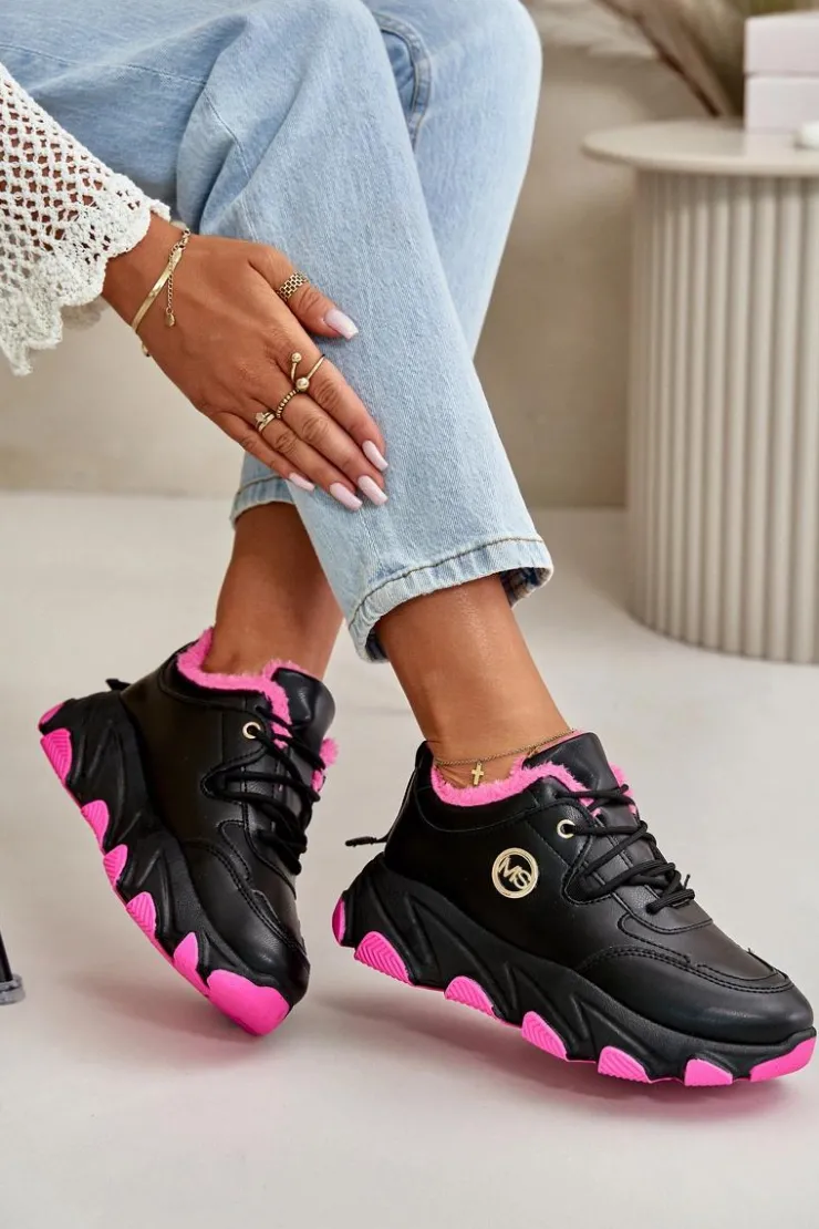 Boto Sneakersy Damskie|Botki Sznurowane*Ocieplane Buty Sportowe Damskie Sznurowane Na Platformie Czarne Bialoa Czarny