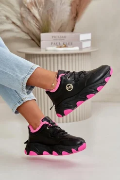 Boto Sneakersy Damskie|Botki Sznurowane*Ocieplane Buty Sportowe Damskie Sznurowane Na Platformie Czarne Bialoa Czarny