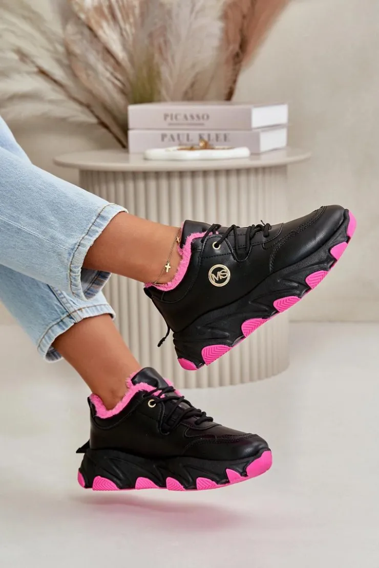 Boto Sneakersy Damskie|Botki Sznurowane*Ocieplane Buty Sportowe Damskie Sznurowane Na Platformie Czarne Bialoa Czarny