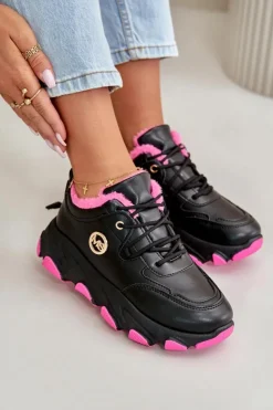 Boto Sneakersy Damskie|Botki Sznurowane*Ocieplane Buty Sportowe Damskie Sznurowane Na Platformie Czarne Bialoa Czarny