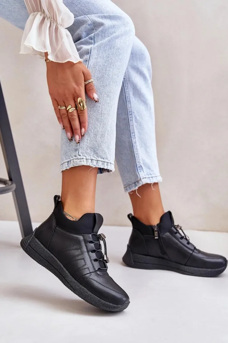 Artiker Buty Sportowe Na Platformie*Ocieplane Buty Sportowe Skórzane Na Zamek 55C0041 Czarne Czarny