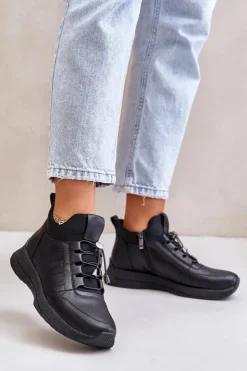 Artiker Buty Sportowe Na Platformie*Ocieplane Buty Sportowe Skórzane Na Zamek 55C0041 Czarne Czarny