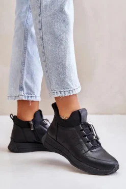 Artiker Buty Sportowe Na Platformie*Ocieplane Buty Sportowe Skórzane Na Zamek 55C0041 Czarne Czarny