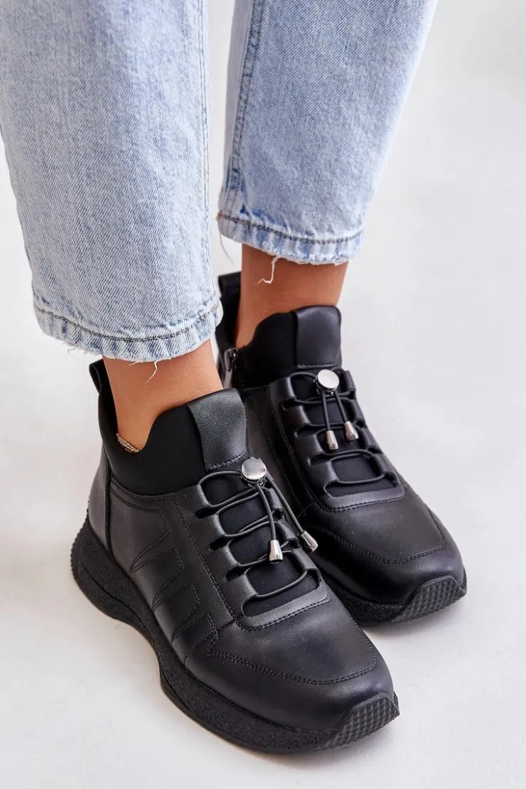 Artiker Buty Sportowe Na Platformie*Ocieplane Buty Sportowe Skórzane Na Zamek 55C0041 Czarne Czarny