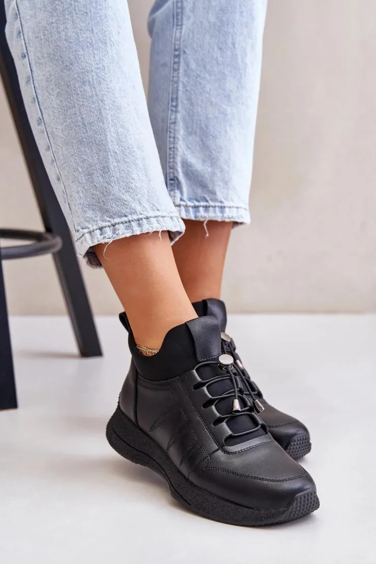 Artiker Buty Sportowe Na Platformie*Ocieplane Buty Sportowe Skórzane Na Zamek 55C0041 Czarne Czarny