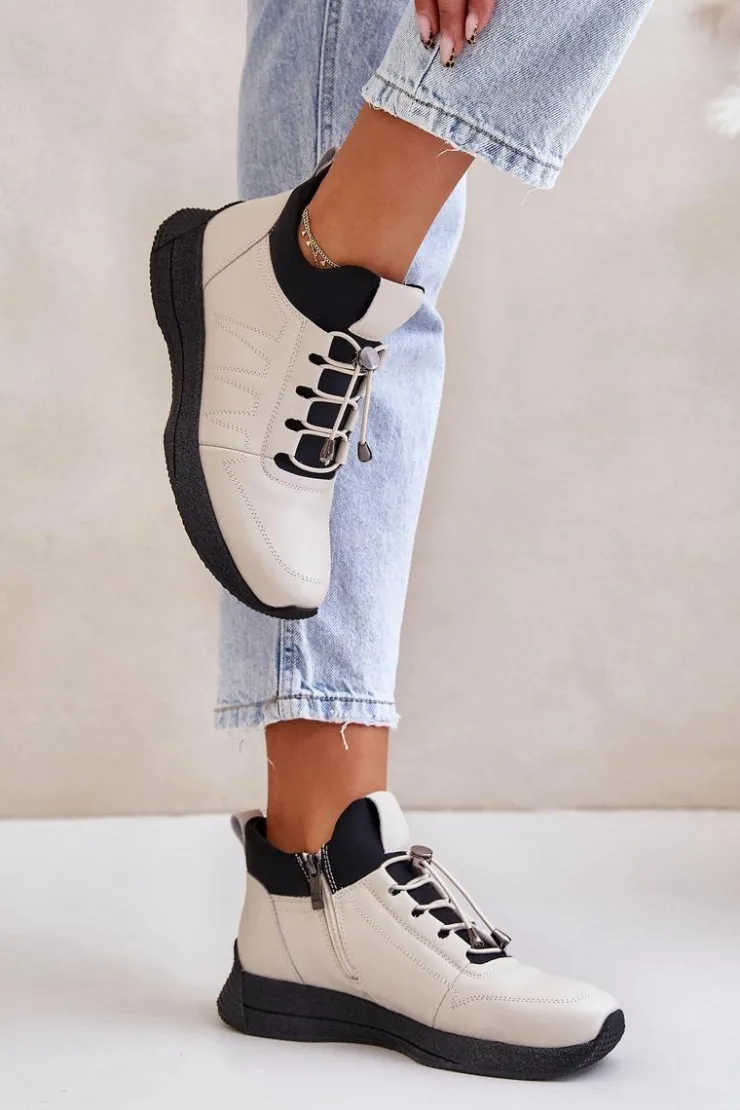 Artiker Buty Sportowe Na Platformie*Ocieplane Buty Sportowe Skórzane Na Zamek 55C0038 Beżowe