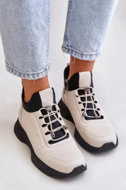 Artiker Buty Sportowe Na Platformie*Ocieplane Buty Sportowe Skórzane Na Zamek 55C0038 Beżowe