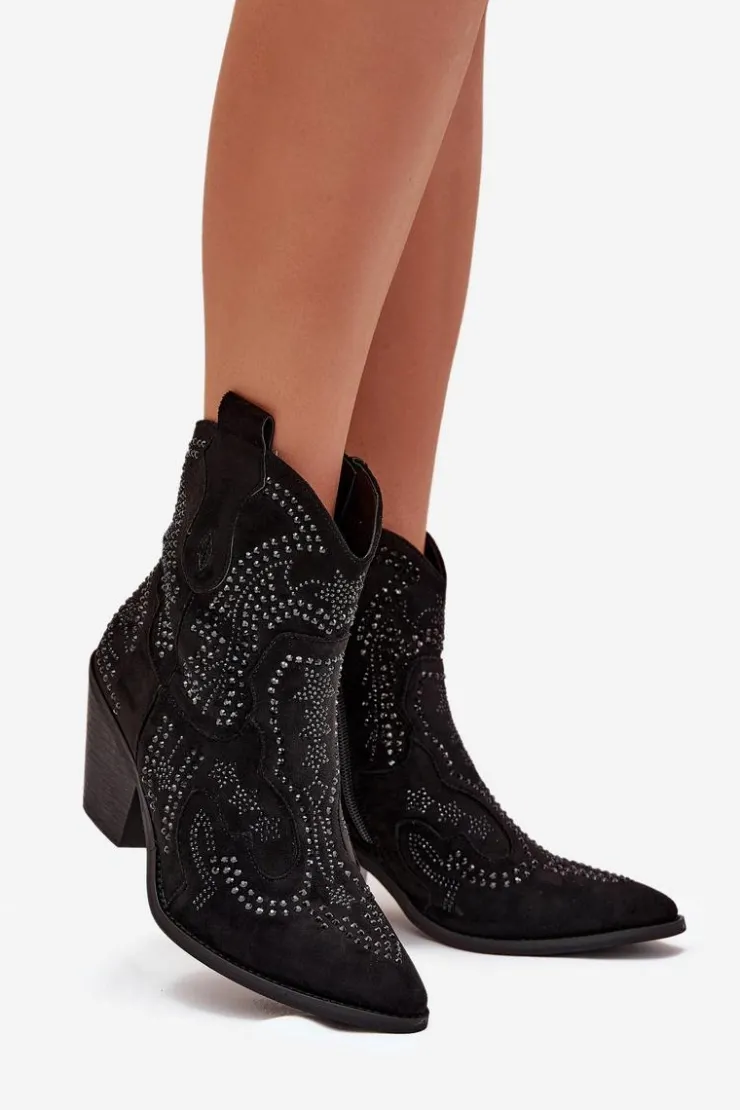 Boto Botki Na Słupku|Botki Na Obcasie*Ocieplane Damskie Botki Kowbojki Ze Zdobieniem Czarne Lelira Czarny