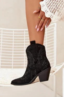 Boto Botki Na Słupku|Botki Na Obcasie*Ocieplane Damskie Botki Kowbojki Ze Zdobieniem Czarne Lelira Czarny