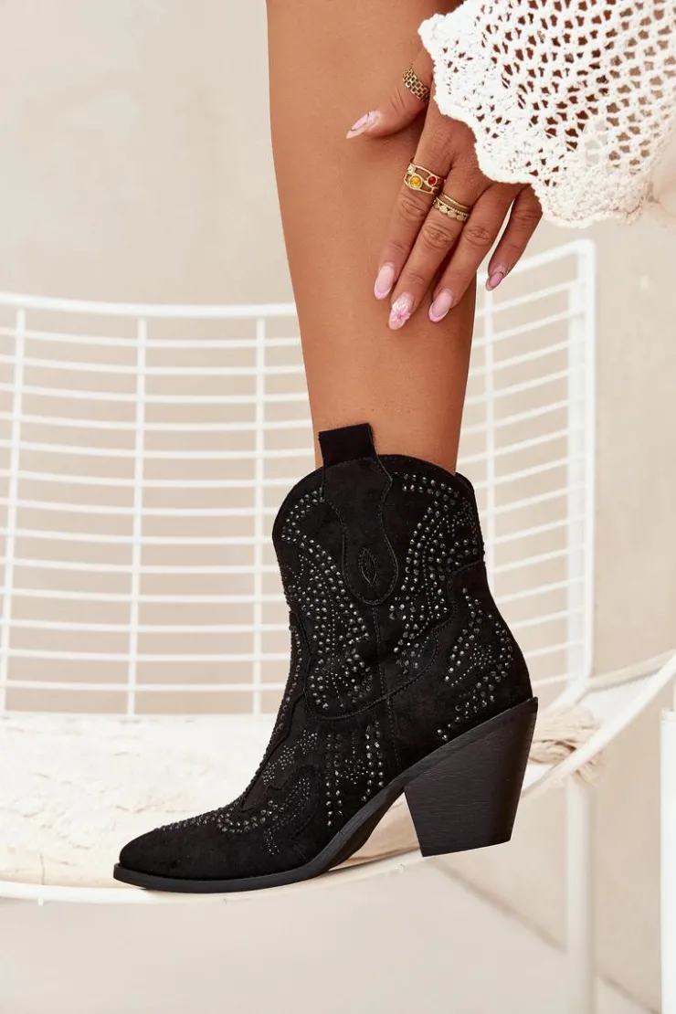 Boto Botki Na Słupku|Botki Na Obcasie*Ocieplane Damskie Botki Kowbojki Ze Zdobieniem Czarne Lelira Czarny