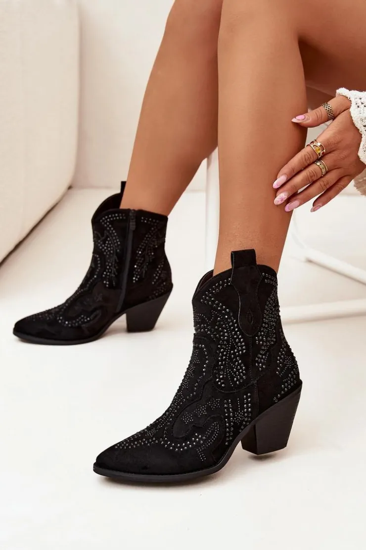Boto Botki Na Słupku|Botki Na Obcasie*Ocieplane Damskie Botki Kowbojki Ze Zdobieniem Czarne Lelira Czarny