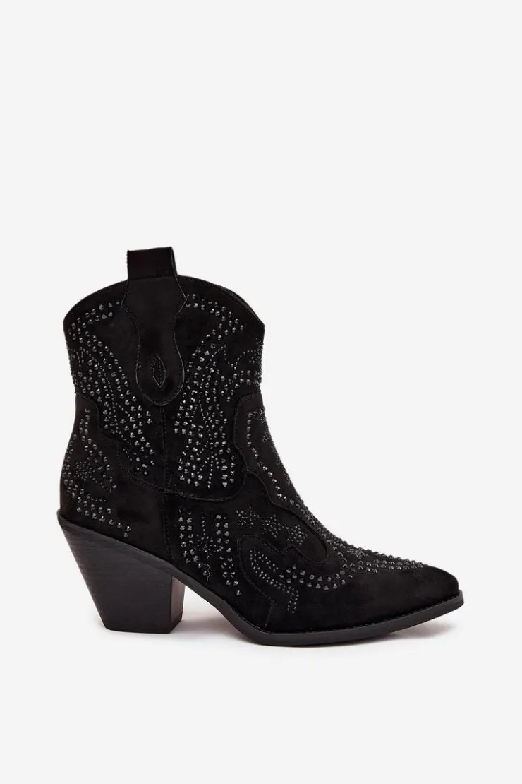 Boto Botki Na Słupku|Botki Na Obcasie*Ocieplane Damskie Botki Kowbojki Ze Zdobieniem Czarne Lelira Czarny
