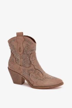 Online Boto Ocieplane Damskie Botki Kowbojki Ze Zdobieniem Beżowe Lelira Beżowy