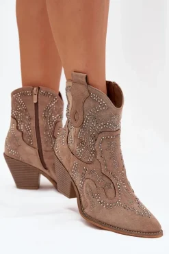 Online Boto Ocieplane Damskie Botki Kowbojki Ze Zdobieniem Beżowe Lelira Beżowy