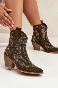 Damskie Boto Ocieplane Damskie Botki Kowbojki Ze Zdobieniem Ciemnozielone Lelira