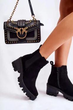 Damskie Boto Ocieplane Damskie Botki Na Suwak Czarne Lenaris