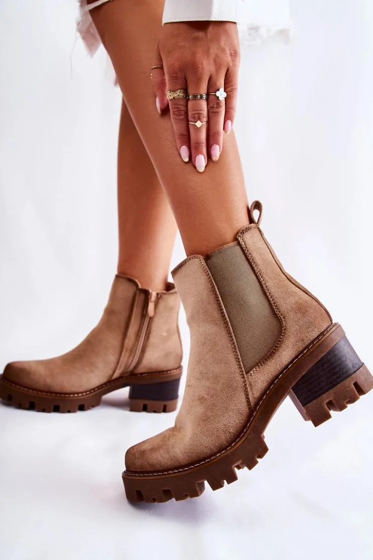 Boto Botki Na Słupku|Czarne Botki*Ocieplane Damskie Botki Na Suwak Beżowe Lenaris