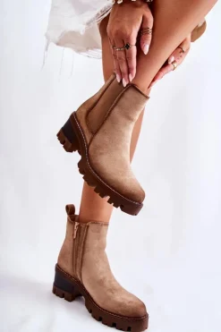 Boto Botki Na Słupku|Czarne Botki*Ocieplane Damskie Botki Na Suwak Beżowe Lenaris