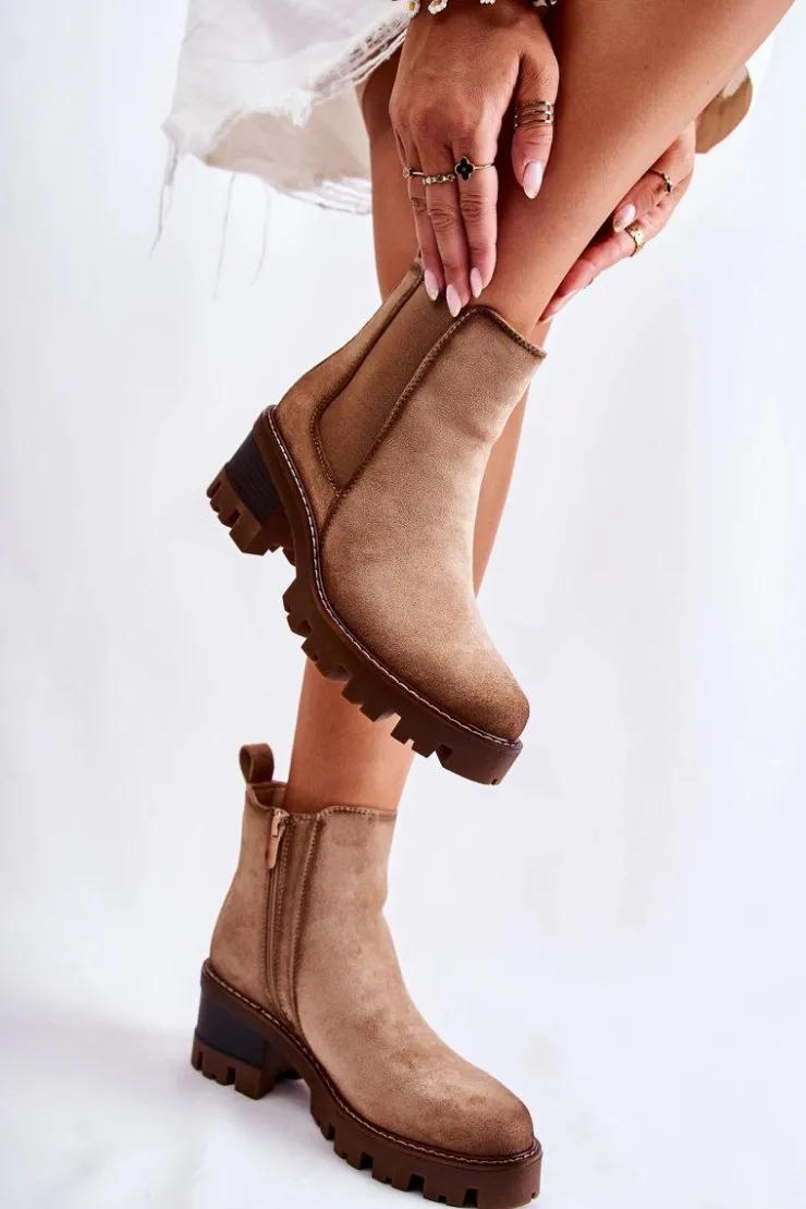 Boto Botki Na Słupku|Czarne Botki*Ocieplane Damskie Botki Na Suwak Beżowe Lenaris